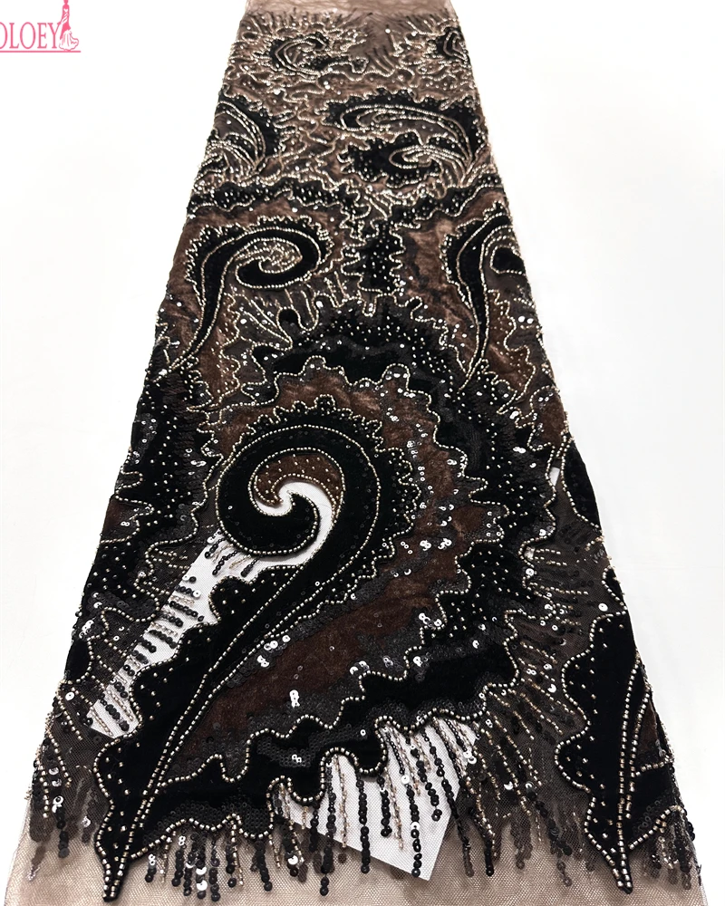 Luxury Velvet Black Beaded Lace Fabric 5 Yards High Quality 2025 Fashion Sequin African Laces for Women