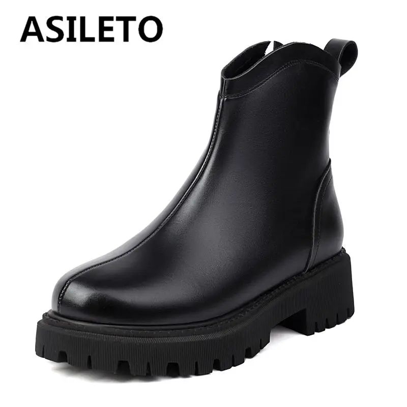 ASILETO Brand Women Ankle Boots Round Toe Chunky Heels 4.5cm Platform 2.5cm Zipper Big Size 44 45 Winter Daily Female Booties