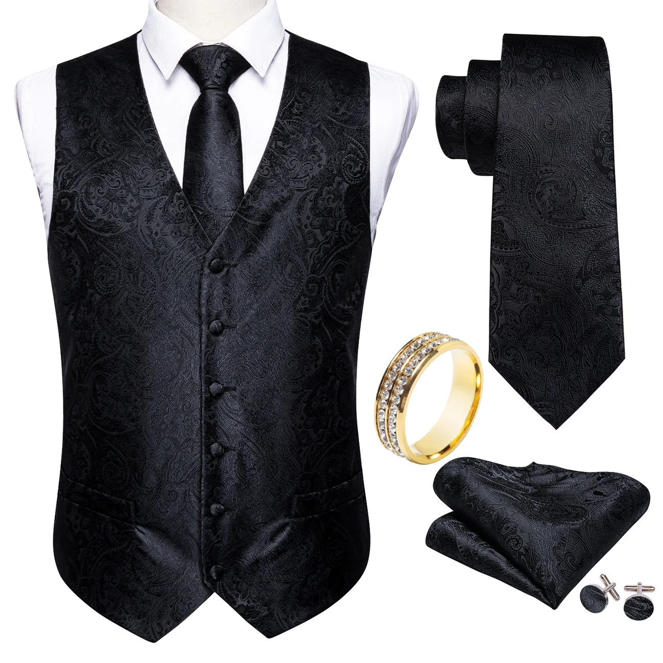 Solid Black Subtle Paisley V-Neck Vest 5Pcs Set Tie Pocket Square Cufflinks Ring For Business Annual Ceremony