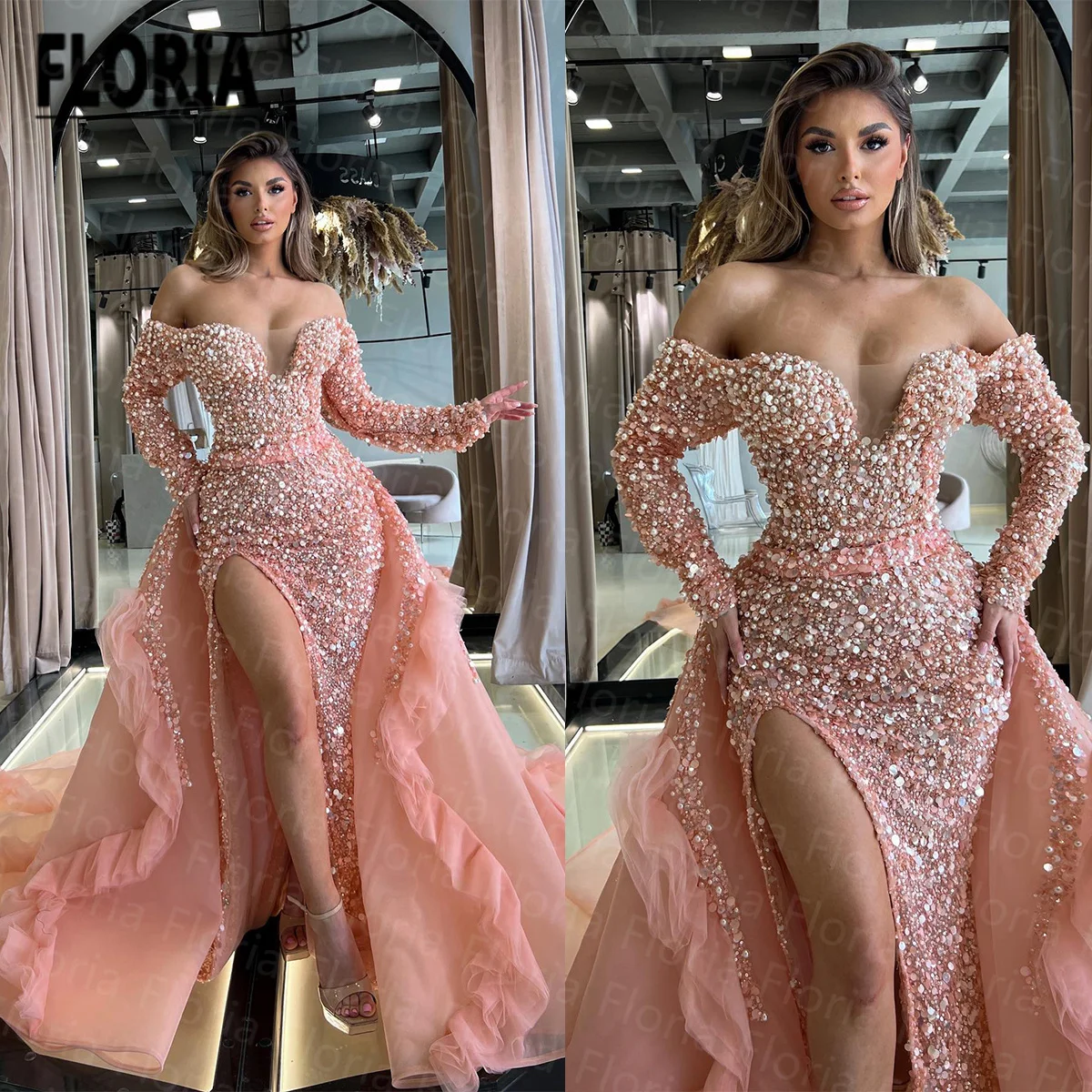 

Vestido De Novia Luxury Pearls Wedding Dress with Detachable Train Long Sleeves Dubai Arabic Beaded Pink Bridal Gown Robe Mariee