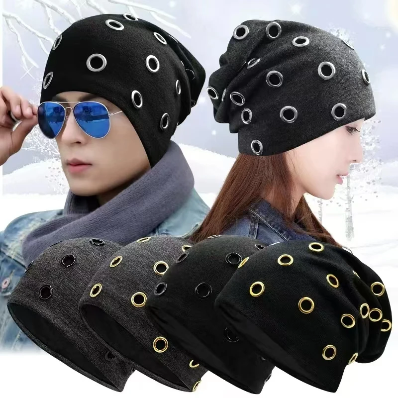 Szblaze للجنسين الشتاء الحراري الشرير نمط قبعة بيني Skullies مع حلقات معدنية الهيب هوب قبعات عادية لرؤساء 56 سنتيمتر إلى 60 سنتيمتر
