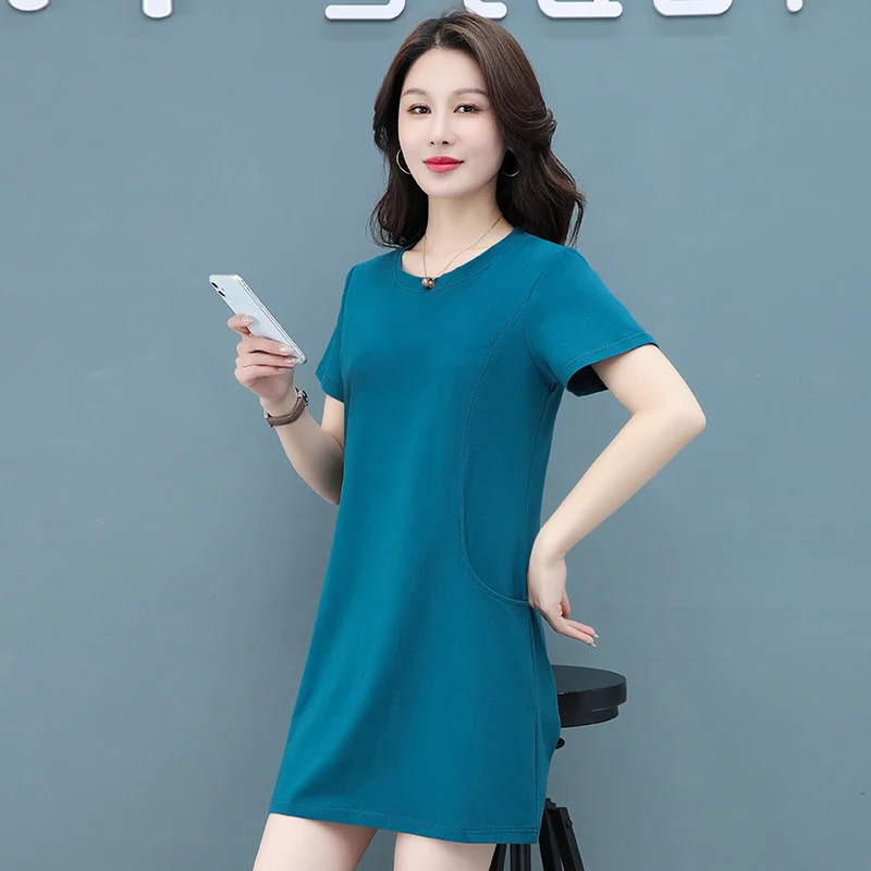 المرأة الجديدة عصرية ومتعددة الاستخدامات قصيرة الأكمام جولة الرقبة منتصف طول تي شيرت تنورة الإناث الصيف فستان رياضي فضفاض غير رسمي