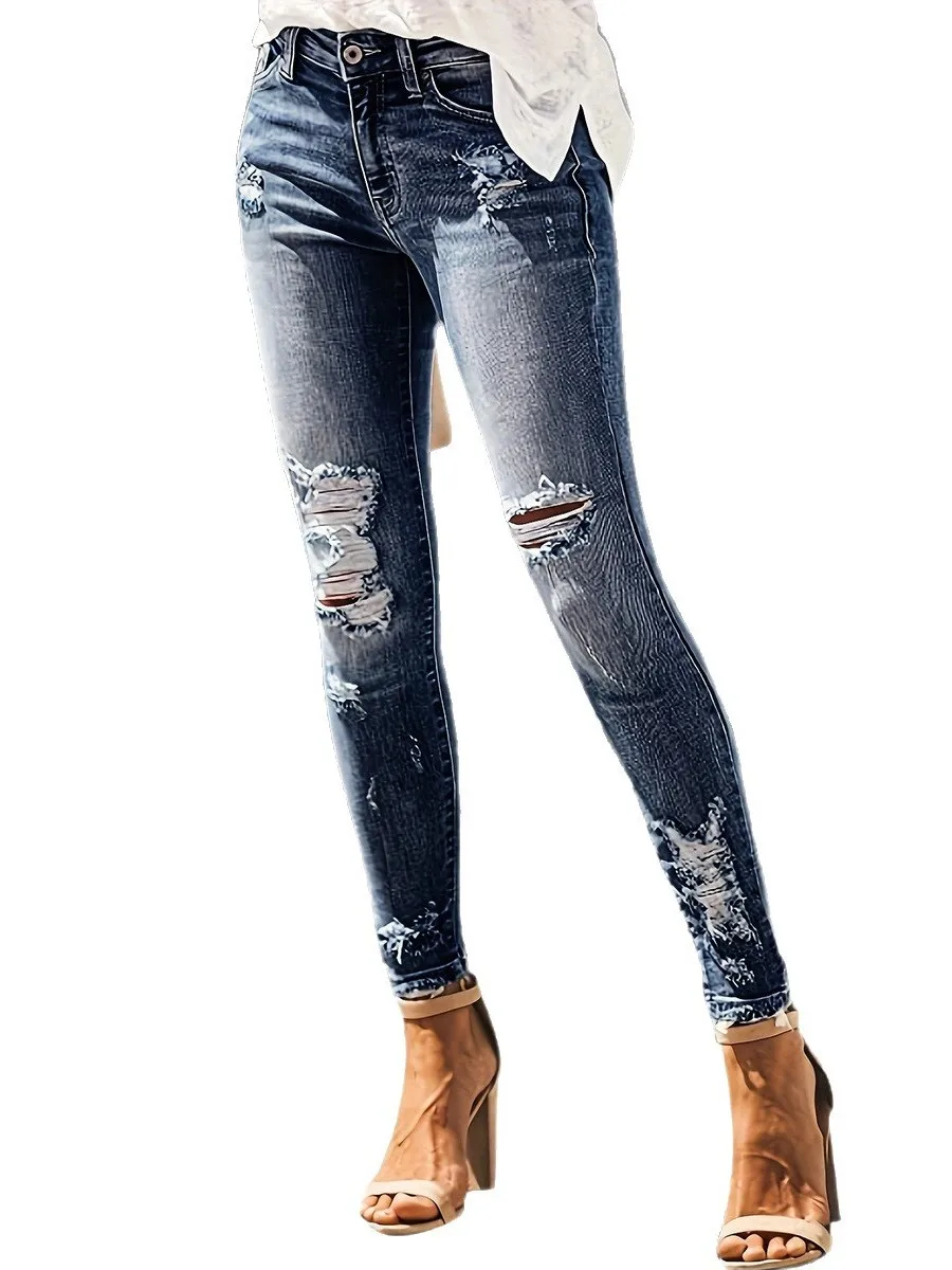 Hoge elastische afslankende casual jeans dames perforeren lange broek hoge taille stand fit medium stretch diepe kleur