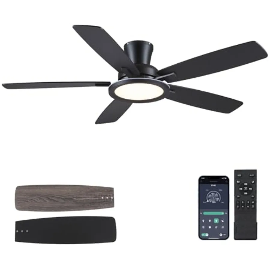 

52" Flush Mount Ceiling Fan with Lights and Remote - Black Modern Ceiling Fan, Reversible and 5 Dual-Sided Blades, Low Profile