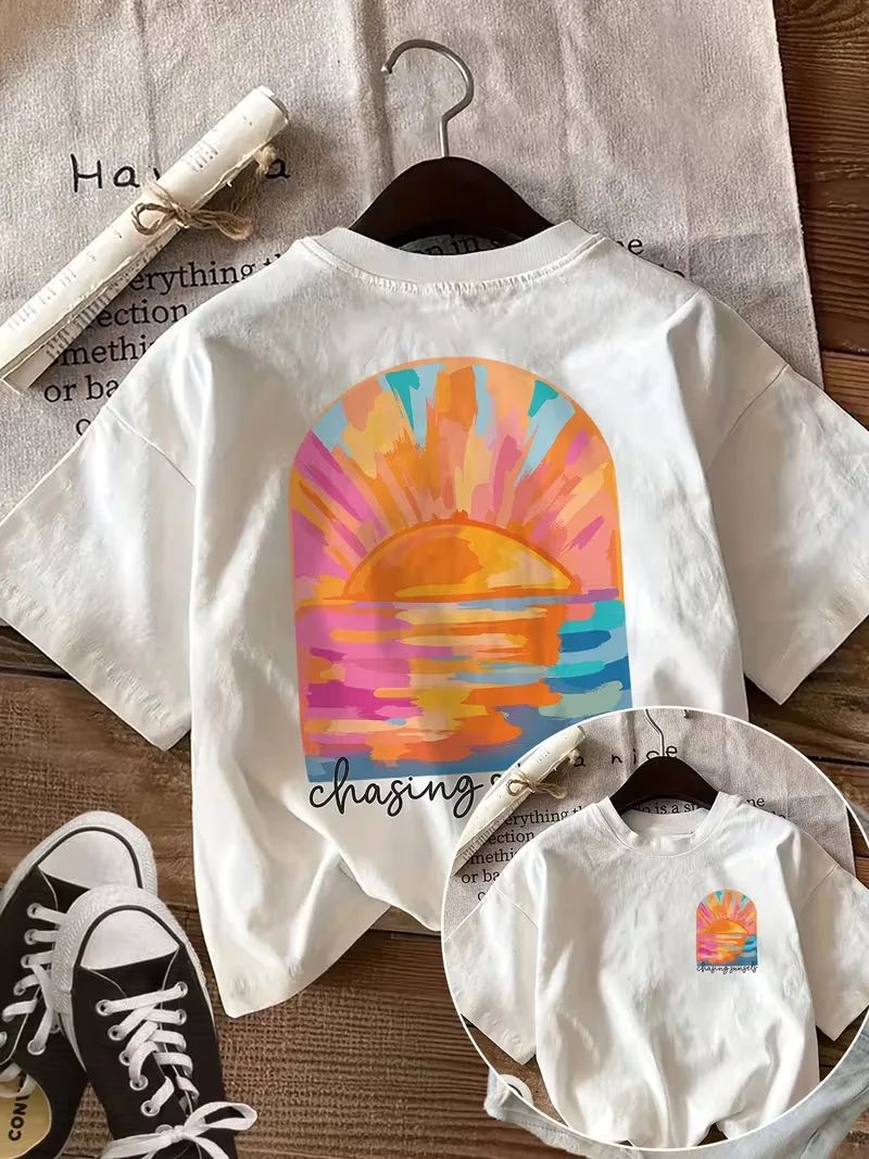 Chasing Sunset Watercolor Sunrise Print T-Shirt Casual Loose Crew Neck Short Sleeve, Boho Summer Beach Print Daily Top