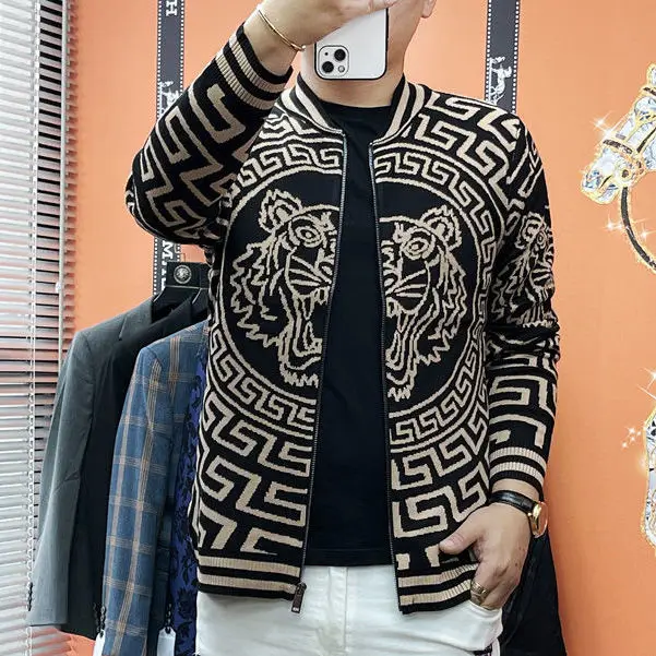 Spring and Autumn Winter Trendy Brand Tiger Head Zipper cardigan Men\'s Fat and Large Size Knitted Jacket