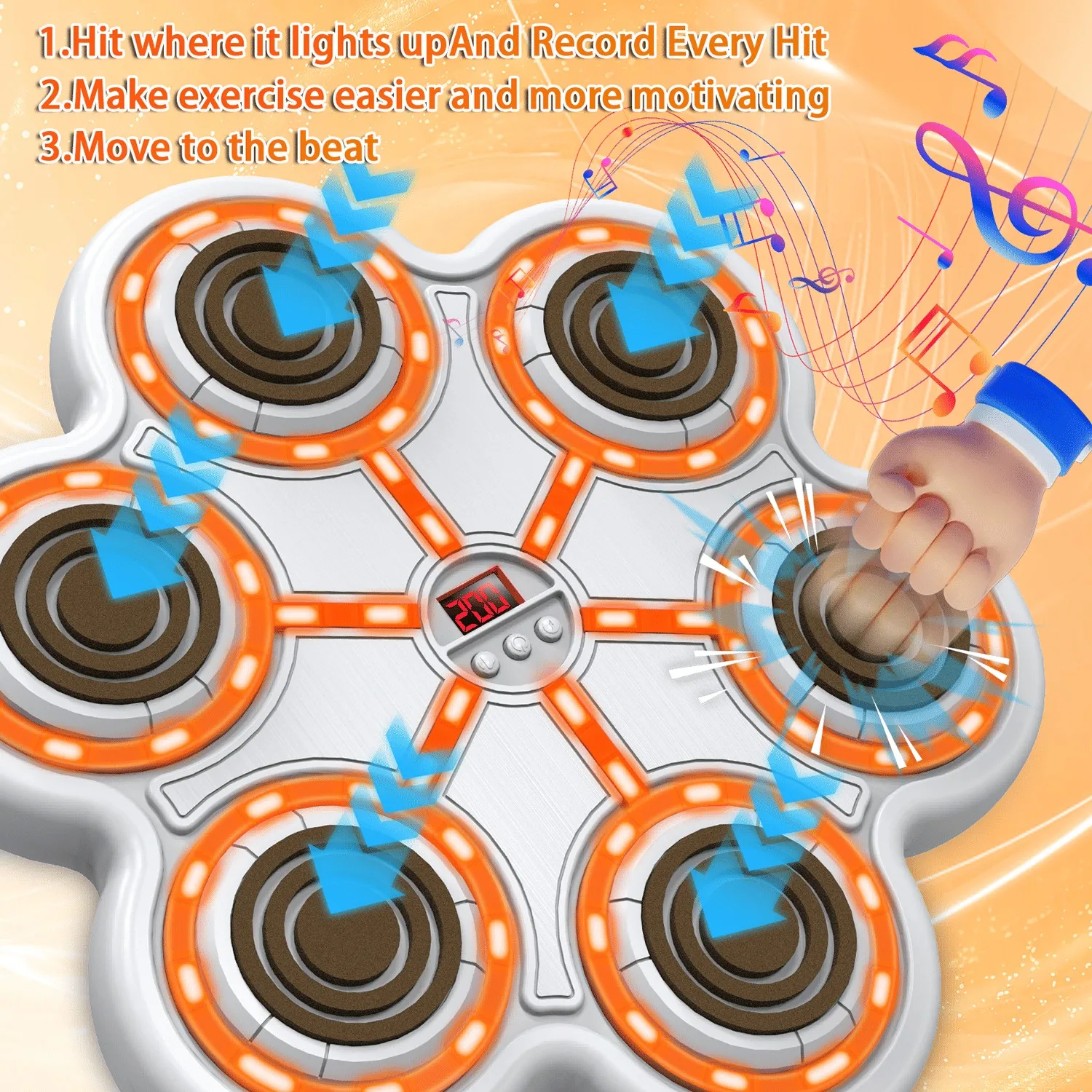 هدف الملاكمة للموسيقى الذكية - مفاتيح بيضاء للجسم باللون البرتقالي، حصيرة EVA خفيفة قابلة للتعديل، معدات الصالة الرياضية المنزلية القابلة لإعادة الشحن عبر USB