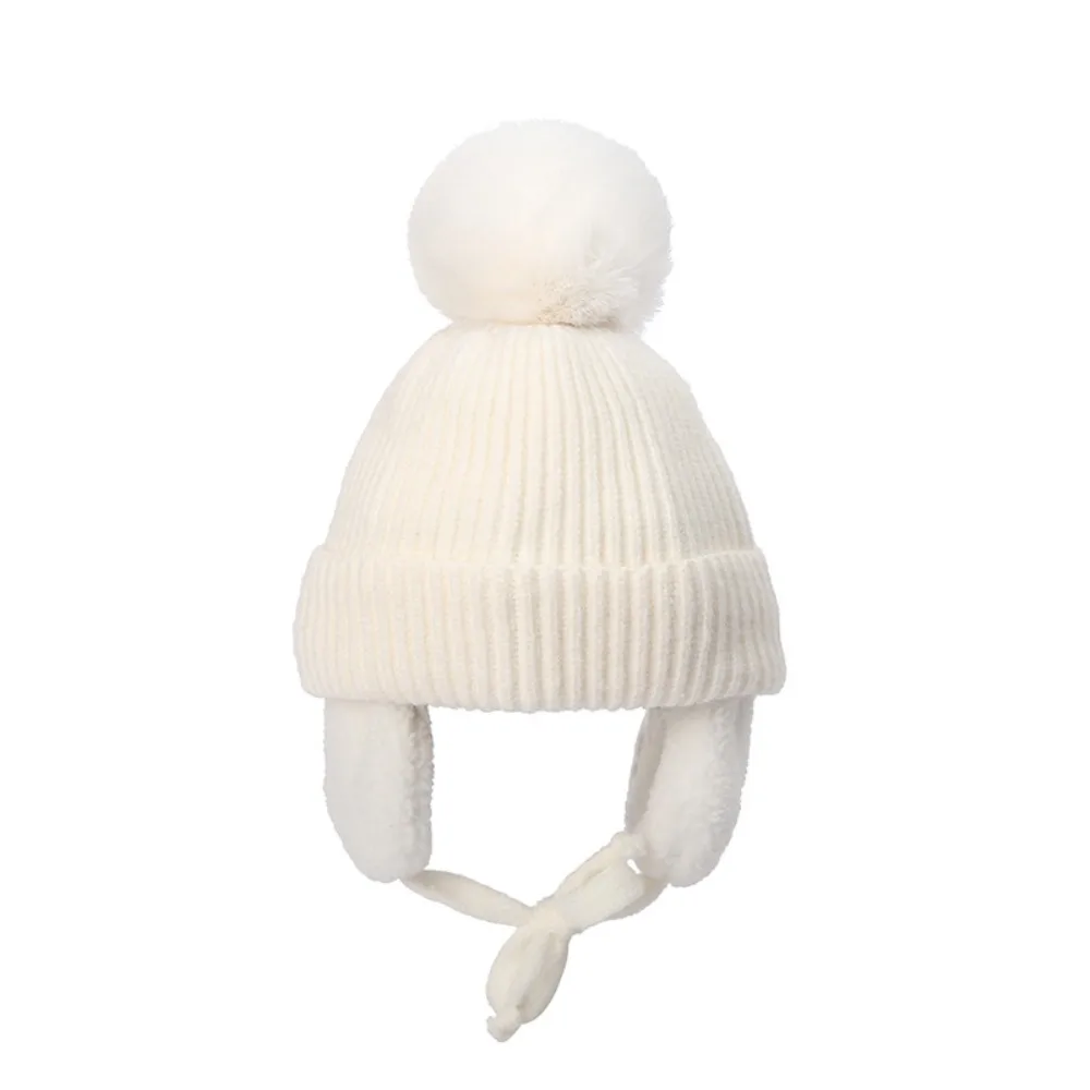 

All-match Plush Children Knitted Hat Ear Protection Warm Pompom Beanie with Earflap Cute Cartoon Wool Cap Boy