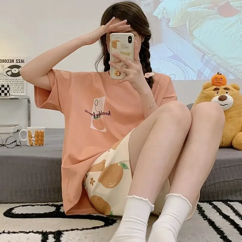 Summer Casual Girl 2/pce Pajama Set Women Fashion Cartoon Stamp Round Neck Loungewear Lady Short Sleeves Shorts Pajama Houmewear
