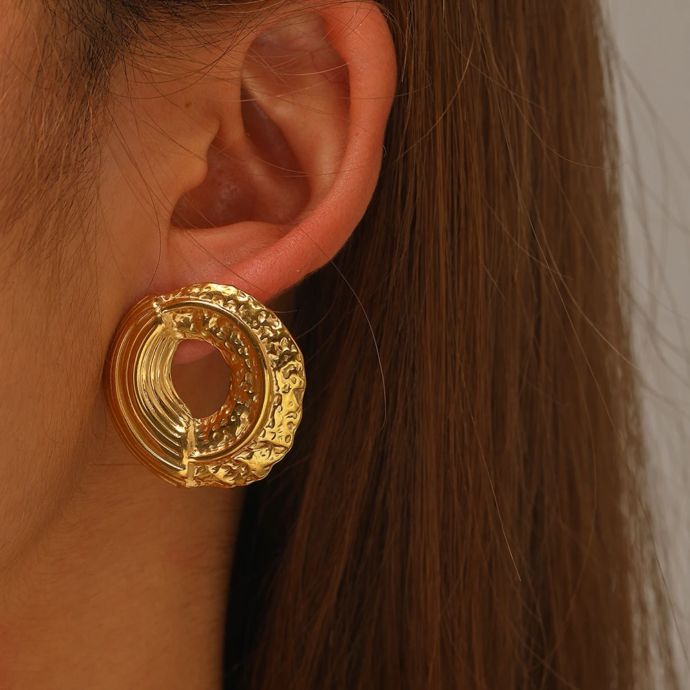 DOTIFI Stainless Steel Retro Metal Pleated Round Earrings New Women's Exaggerated Simple Fashion Earrings Jewelry Accessories