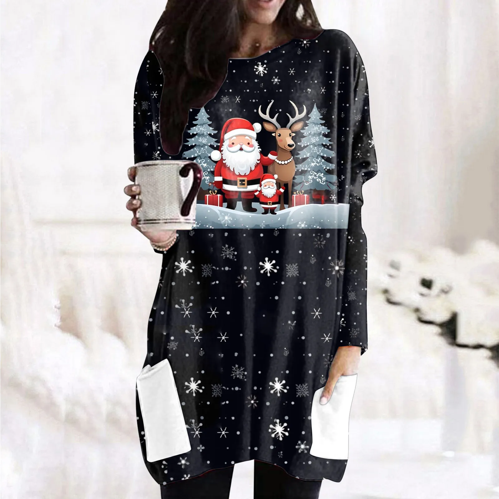 Oversized Christmas T Shirts Dress Women Autumn Winter Long Sleeve Long T Shirts Tops Pockets Loose Xmas T-Shirt Dress Vestidos