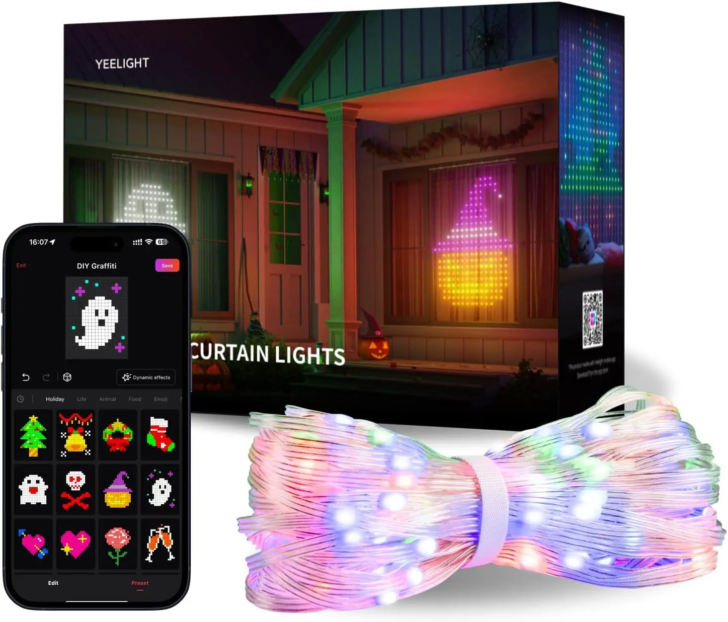 Smart Curtain Lights, 5x6.5 Ft, 475 LEDs, APP Control, 100+ DIY Graffiti, 20+ GIF Scene Modes, RGBIC Dynamic String Lights