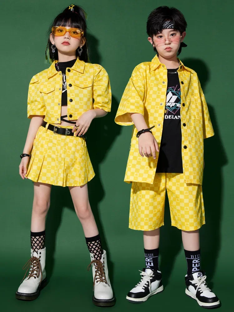 

Kids Hip Hop Clothing Yellow Plaid Print Tops Summer Short Pants Skirt for Girl Boy Dance Costume Clothes