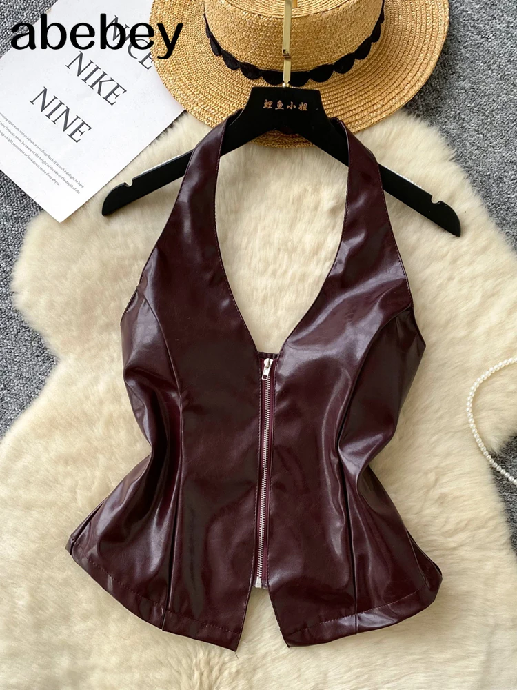 Women Aesthetic Leather Vest Crop Halter Deep V-Neck Tops Summer Solid Color Metal Buckle Backless Sleeveless Shirts