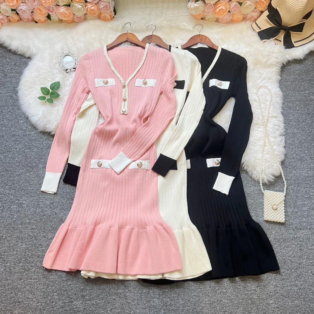 

YuooMuoo брендовые модные трикотажные платья, новинка 202K, Y2K, платье русалки с v-образным вырезом и пуговицами, с длинными рукавами, корейская мода, женские вечерние платья