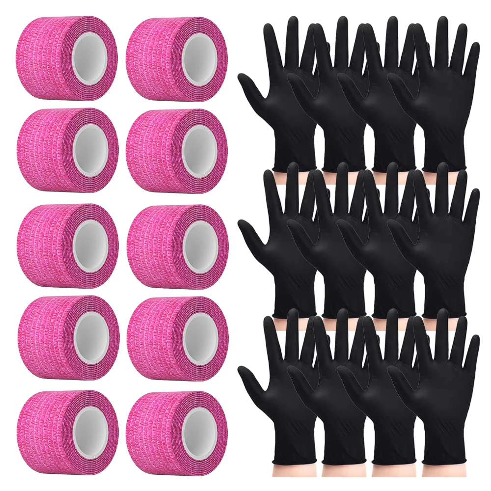 

10pcs 3.8CM/1.52in Tattoo Grip Tape Non-woven Tattoo Bandage Cover Wraps With 12pcs Disposable Waterproof Black Nitrile Gloves