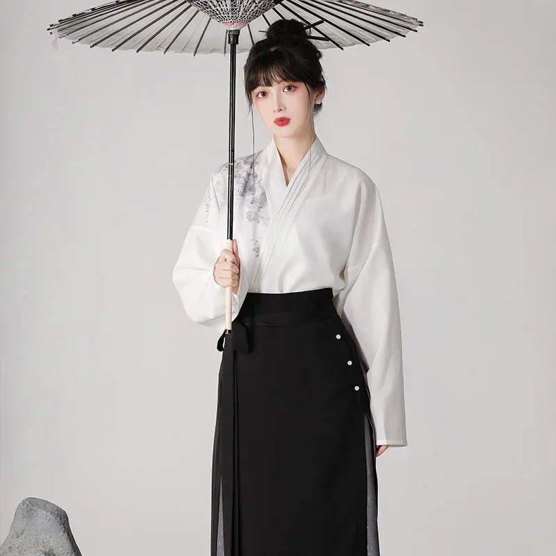 Chinese Style Ink Painting Hanfu Dress Suit Cross Collar Blouse Black Pearl Horse Face Skirt Original And Improved Modern Hanfu