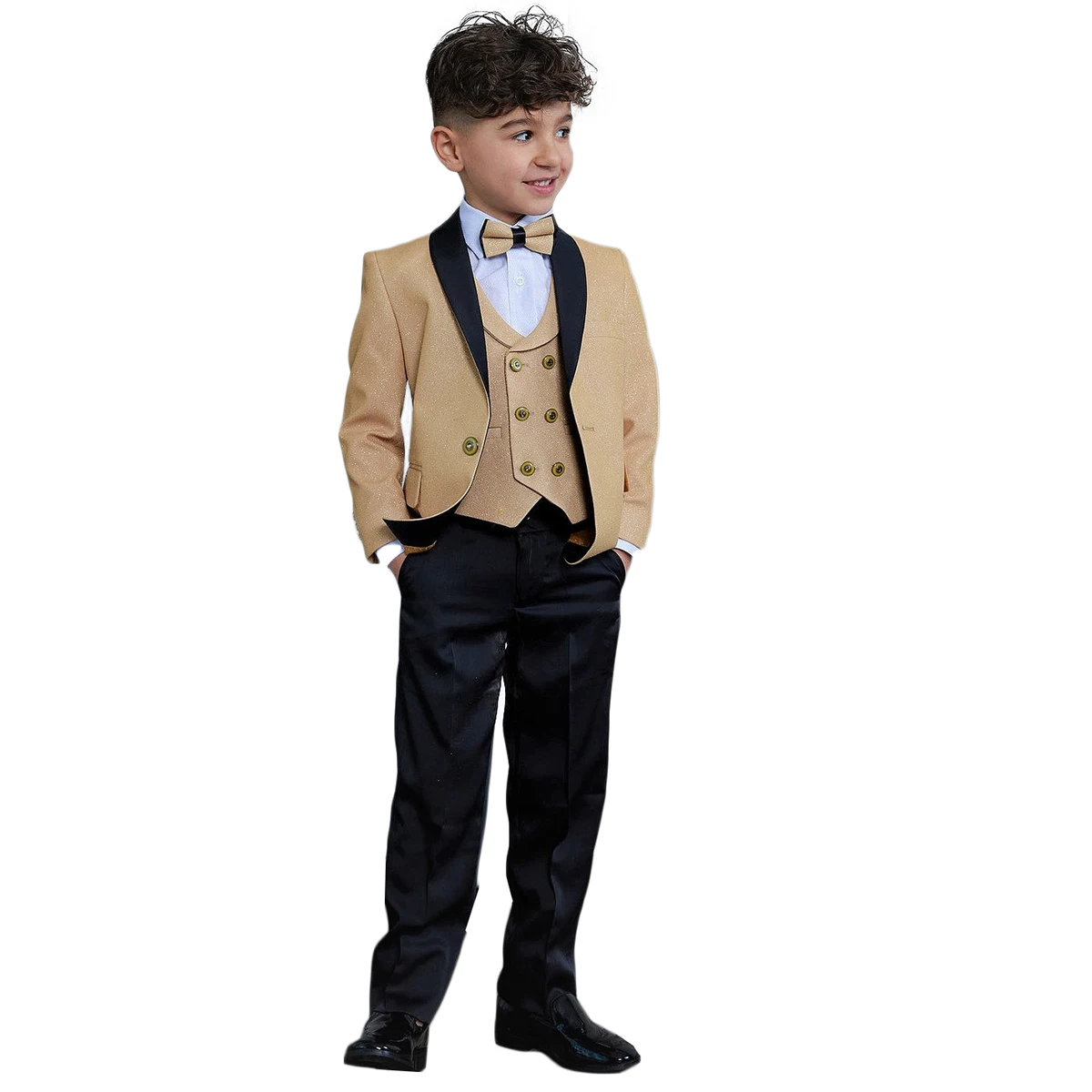 Champagn Child Boy Pants Suits Dinner Tuxedos Little Kids Costume Wedding Party Prom Birthday Wear 3 Pieces Jacket Black Pants