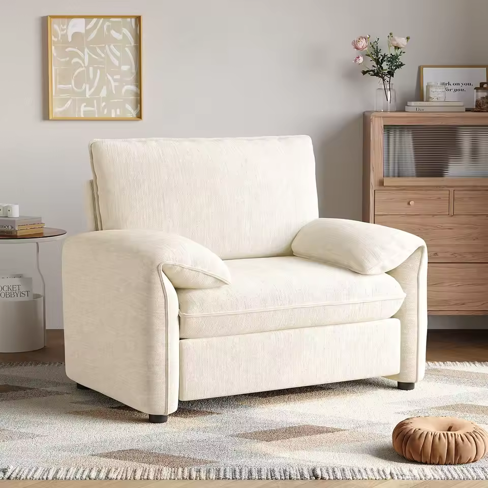 Kumo Plush Chenille Armchair placed in minimalist Japandi interior corner