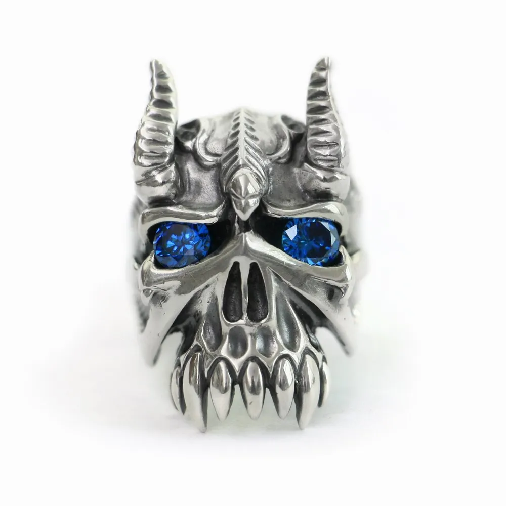 

Blue CZ Eyes 925 Sterling Silver Bison Horn Devil Demon Skull Ring TA127 US Size 7~15