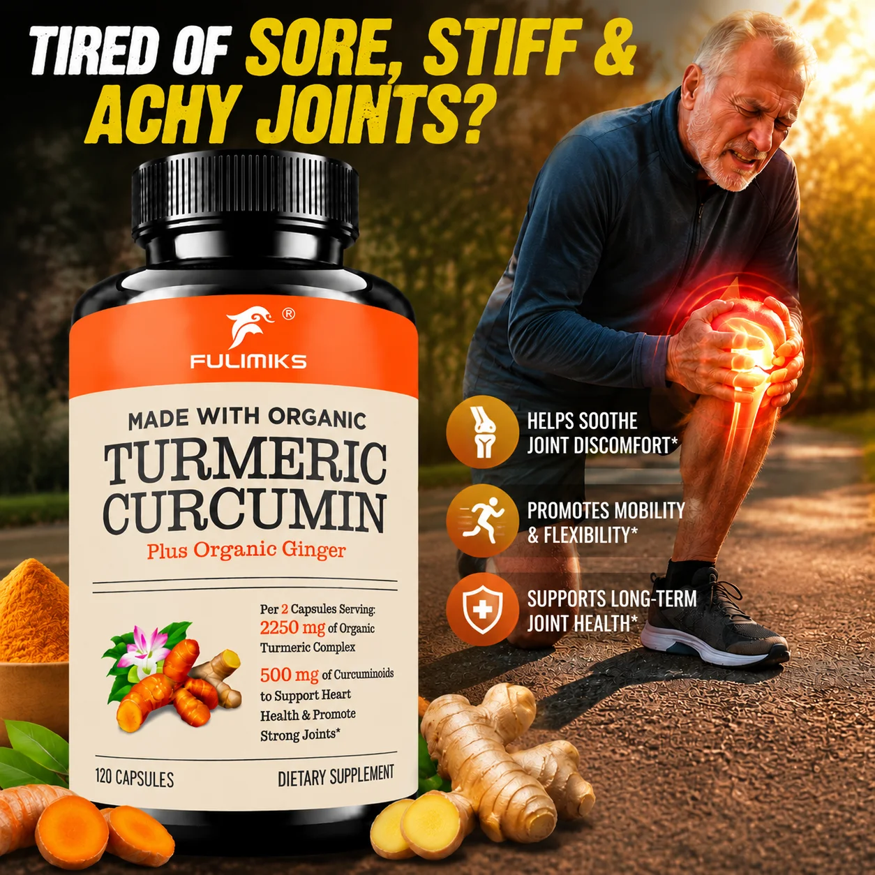 Turmeric Curcumin Ginger Capsules , Support Soothe Sore Stiff Joints, Flexibility Mobility, Antioxidant, Digestive Tract & Heart