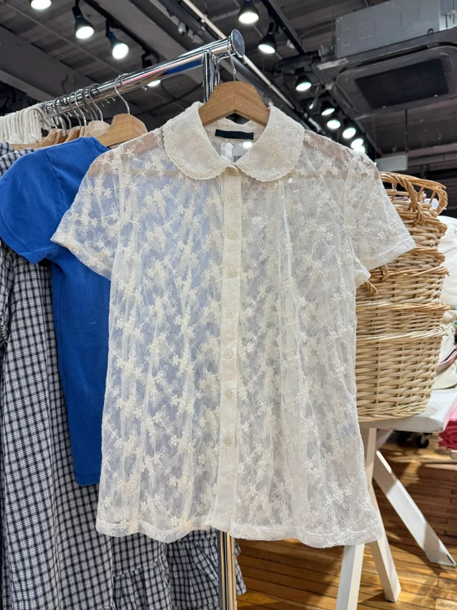 Floral Lace Beige Transparent Blouse T-shirt Turn Down Collar Single Breasted Shirts Woman Summer Solid Sweet See Through Tshirt
