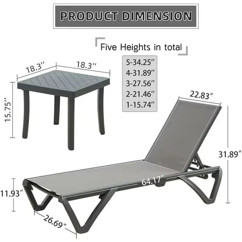 

[XMSJ]Aluminum Patio Chaise Lounge with Side Table, 5 Position Adjustable Backrest and Wheels, All Weather Outdoor Lounge Chairs