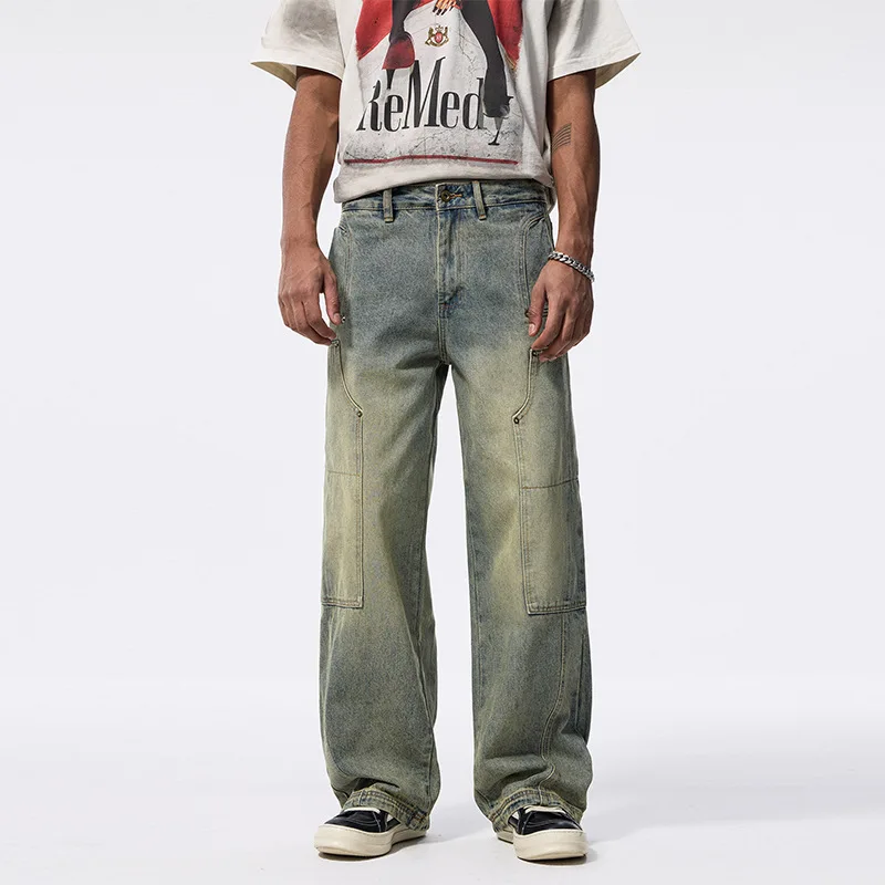 

New American high-end hip-hop retro jeans men's fashion loose hundred straight multi-pocket trend pants for men