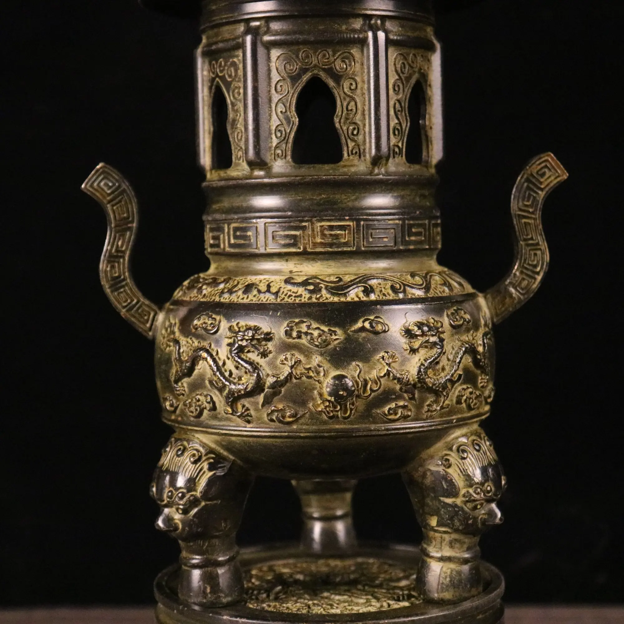 33cm Pure copper tower furnace  antique alchemy furnace double dragon pearl smoking incense burner