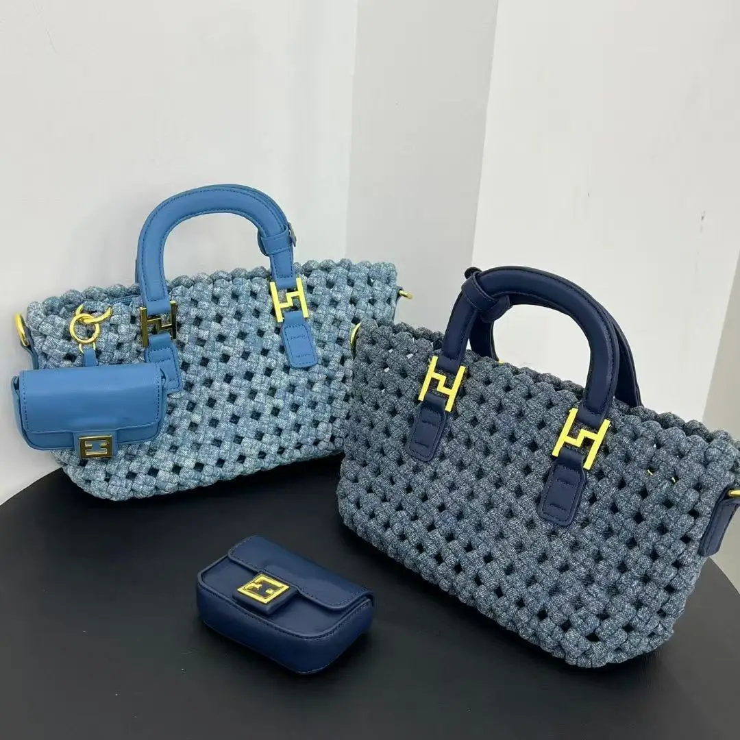

Hand Woven Denim Hollowed Out Hand-Held Vegetable Basket Bag Fashionable Retro Tote Single Shoulder Crossbody Bag
