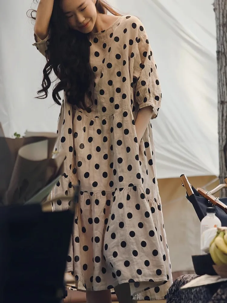 

Платье женское хлопково-льняное в горошек от известного бренда, свободного кроя, с рукавами-фонариками, в стиле кукольного платья, для повседневной носки, А-силуэт