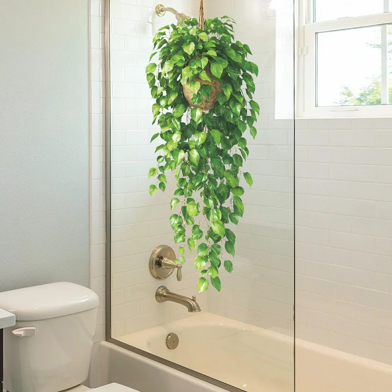 Green Plant Hanging Basket Leaves Glass Display Case Entryway Home Decor Wall Decal Sticker Art Self-Adhesive PVC