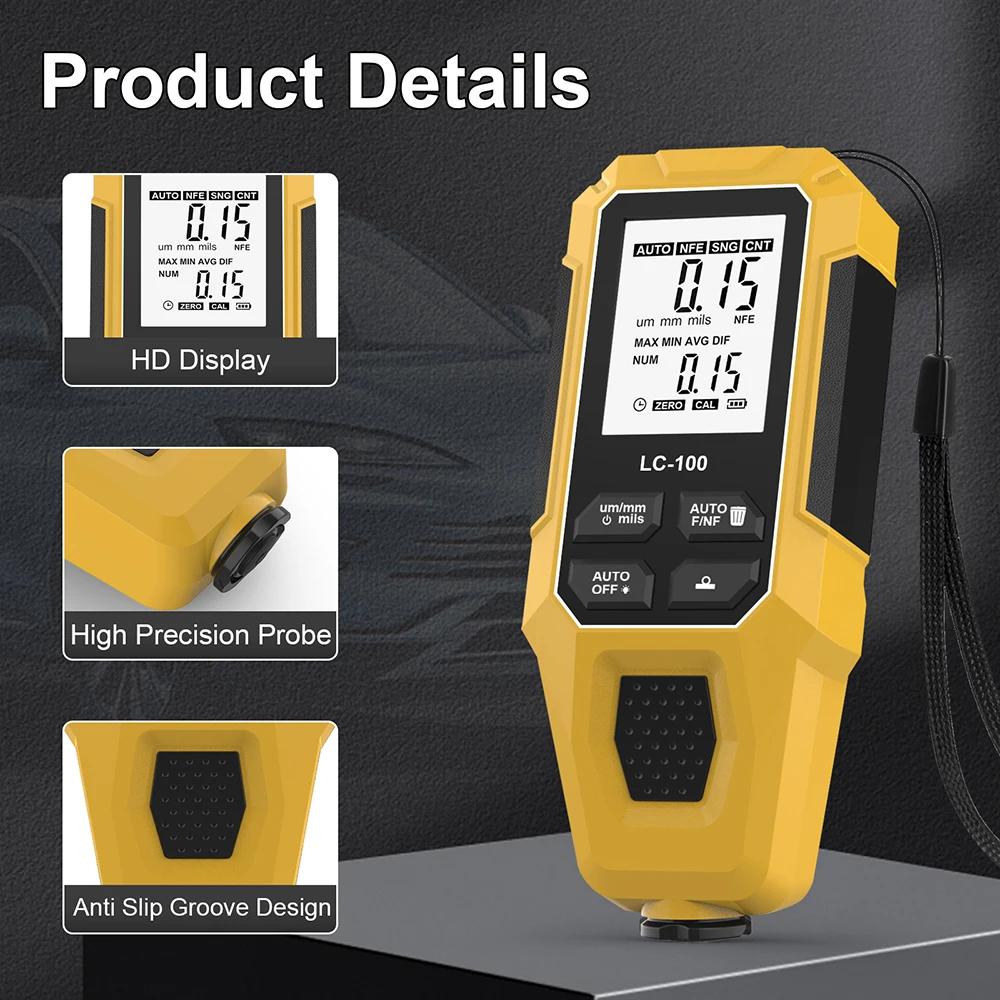 

LC-100 Car Paint Thickness Gauge 0-2000UM Fe & NFe Film Coating Automatic Thickness Tester Manual Auto Paint Tools