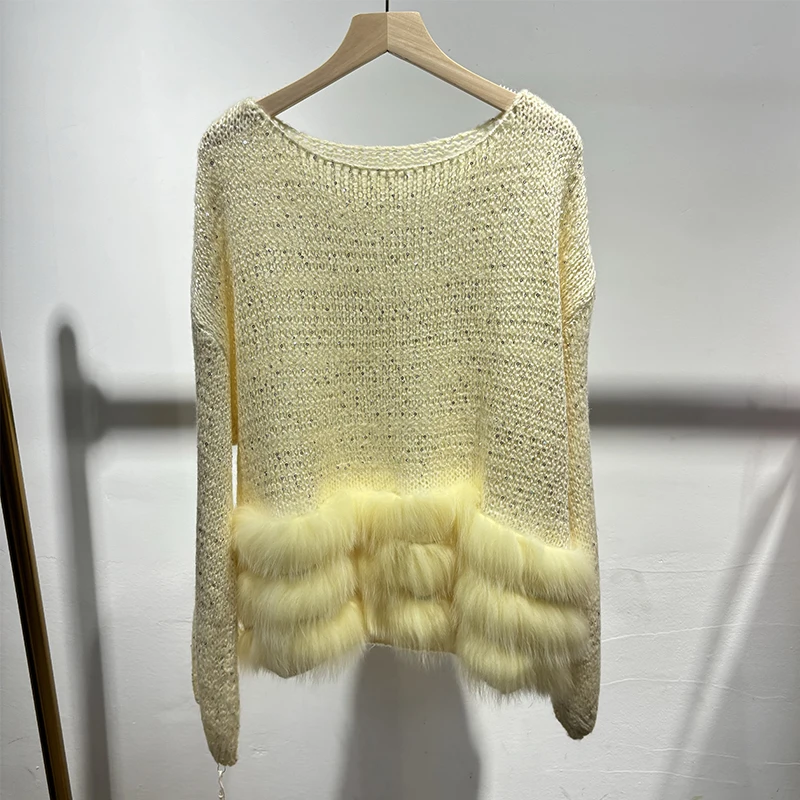 2025 donna primavera paillettes lucide design maglione di pelliccia sottile pelliccia di volpe naturale ragazza autunno maglione cappotto lavorato a maglia