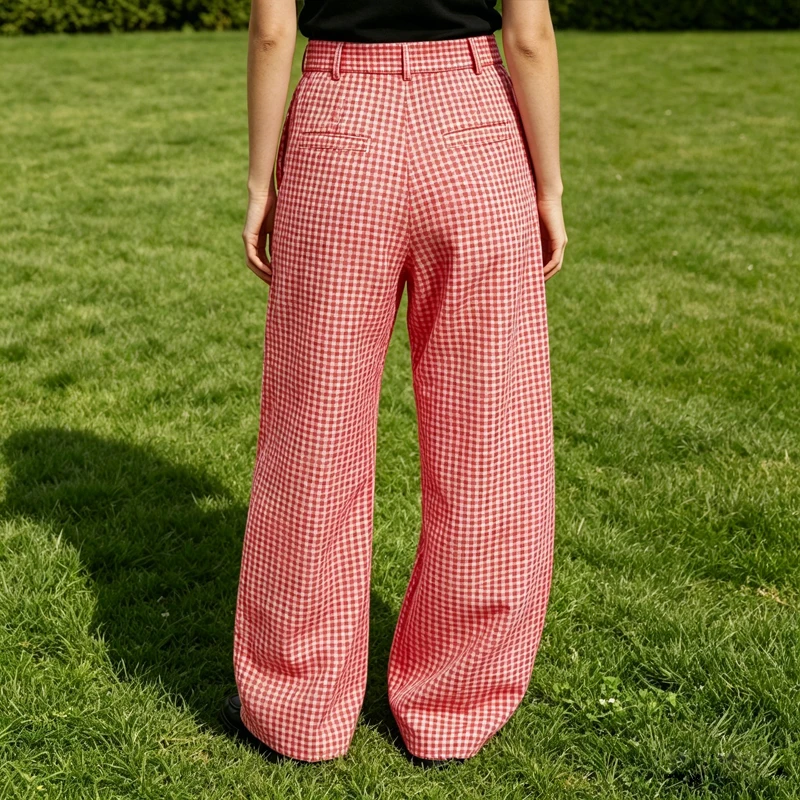 Men's Plaid Wide Leg Pants Loose Fit Cotton Linen Trousers Male Y2K Streetwear Casual Beach Breathable Elastic Waist Pockets view 4