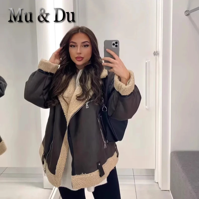 Mu&Du 2023 Autumn Winter Women Faux Leather Lambswool Jacket Lady Zip Coat Retro Loose Female Oversized Thick Warm Outwear Mujer