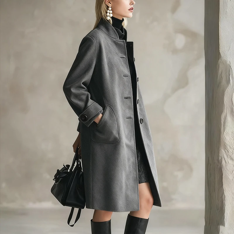 

Женская повседневная шерстяная куртка с длинными рукавами, зимняя элегантная однотонная прямая куртка на пуговицах, осеннее модное флисовое пальто с воротником-стойкой