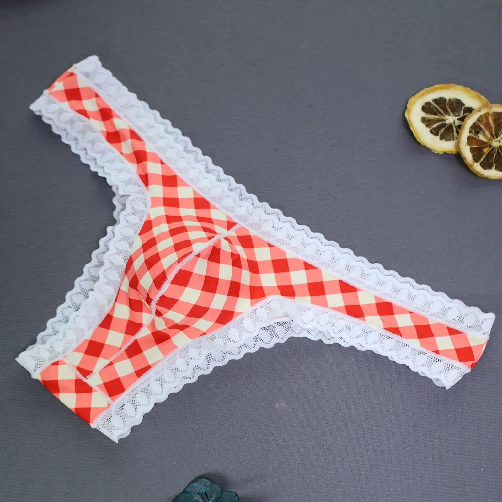 

Men Mini Underwear Scotland Style Lace Trim Plaid Briefs Sexy Low Waist Underpants Big Pouch Elastic Panties Man's Gift