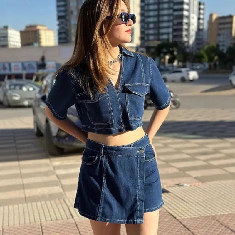 

AliExpress popular double breasted V-neck pullover short denim shirt high waisted denim skirt and pants set