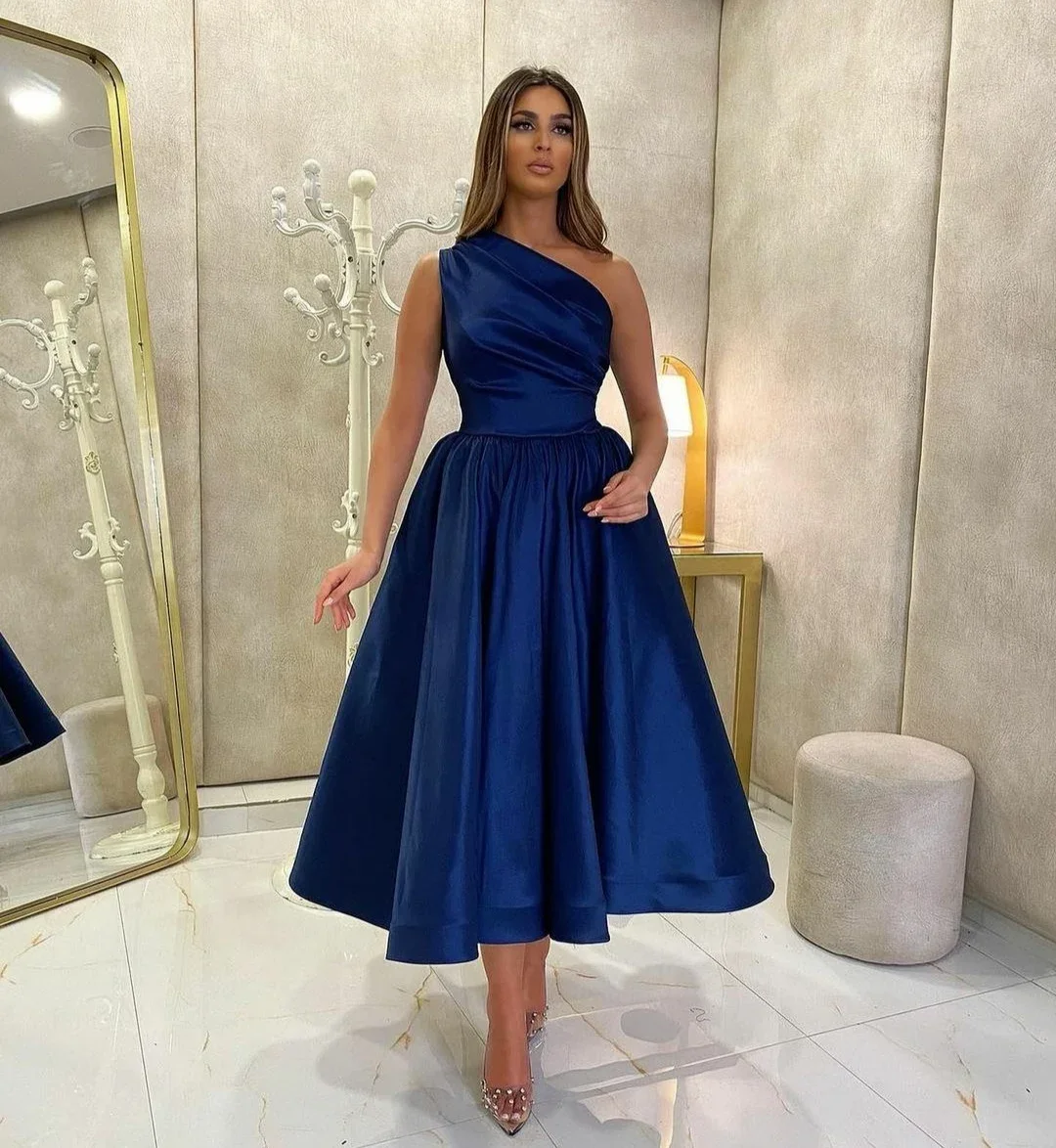 

Evening Dress Customized Navy Blue Satin Pleat One-Shoulder A-Line Tea-Length Zipper Back Plus size Women Formal Party Gown H783