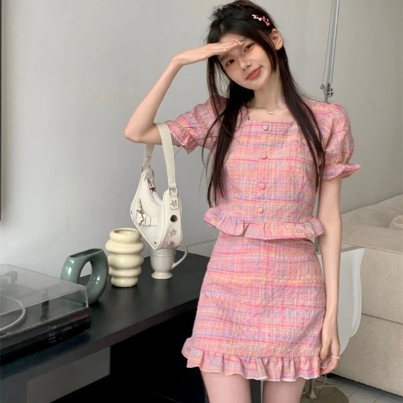 

2 Pieces Skirt Sets for Women Large Size Formal Occasion The New Function of Matching Vacation 2025 Puff Sleeves Woman Outfit