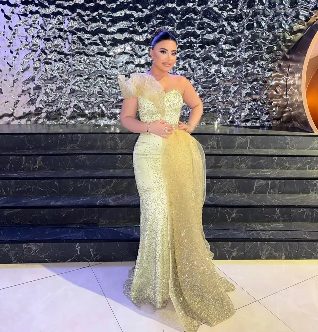 Customized Beaded Embellished Evening Dress with Detachable Train One Shoulder Mermaid Special Occasion Gown