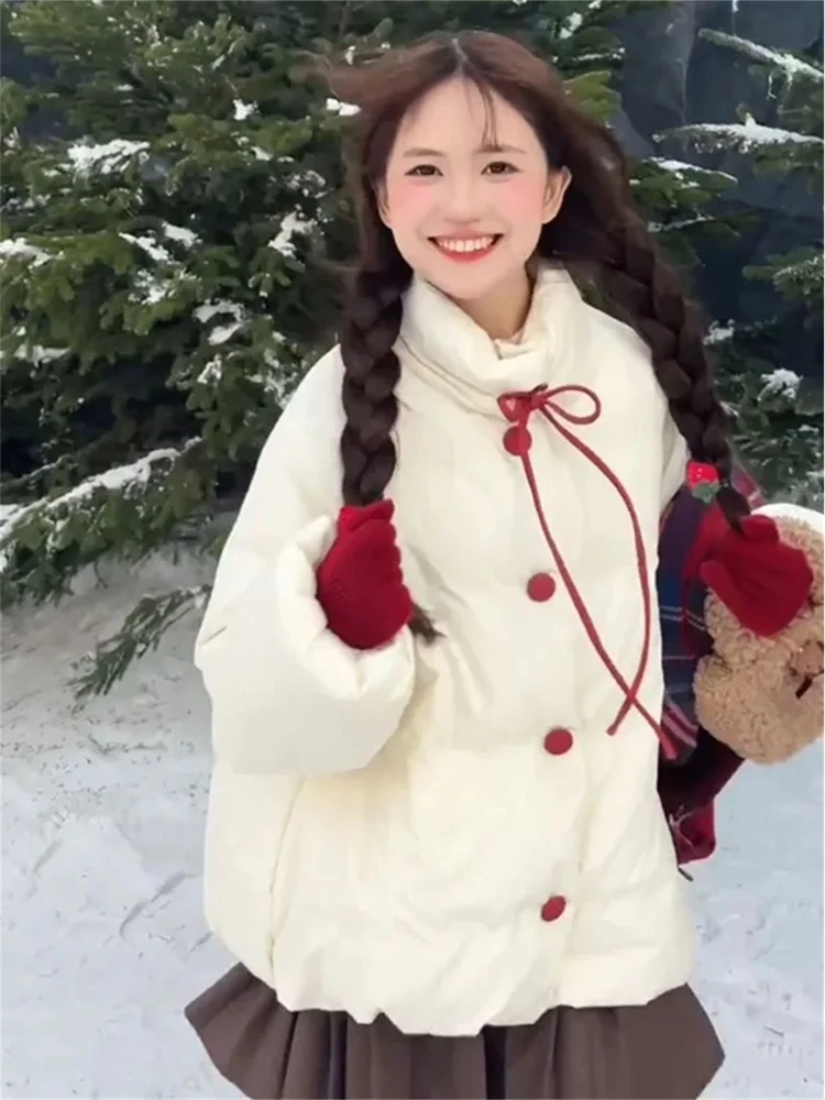 Japanese sweet style contrasting butterfly tie tied spicy girl cotton jacket winter thick and warm trendy women's top