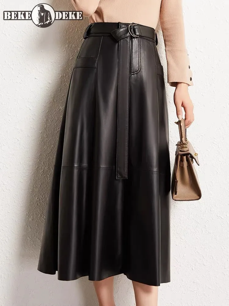 Women Office Elegant High Waist Sashes Genuine Leather Skirt Solid Color Fashion Medium Length Ladies Sheepskin A-Line Skirts