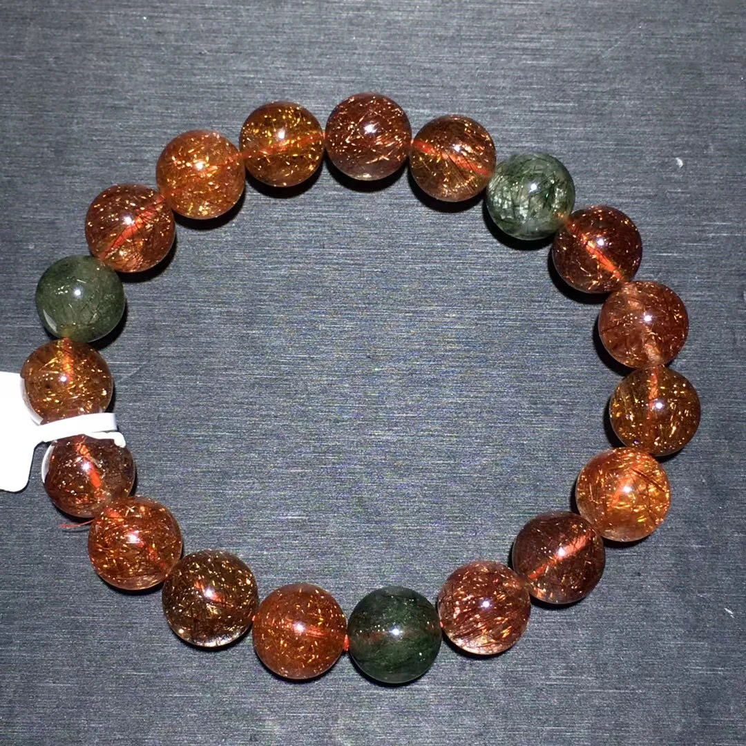 Natural Copper Rutilated Quartz Bracelet Clear Round Beads 11mm Cat Eye Women Men Wealthy Green Rutilated AAAAA