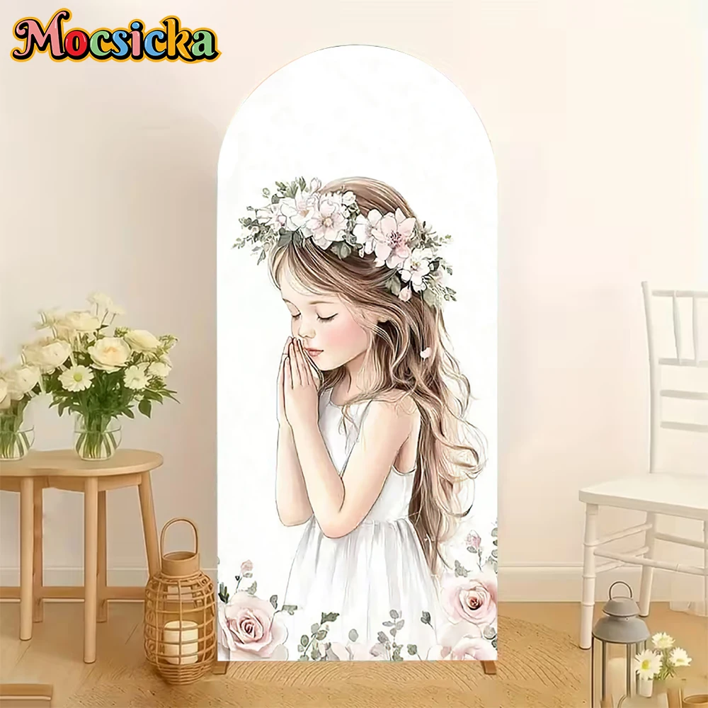 Mocsicka Double-Sided Arch Background Flower Girl Praying Pattern Decors Baby Birthday Party Arched Covers Backdrop Studio Props