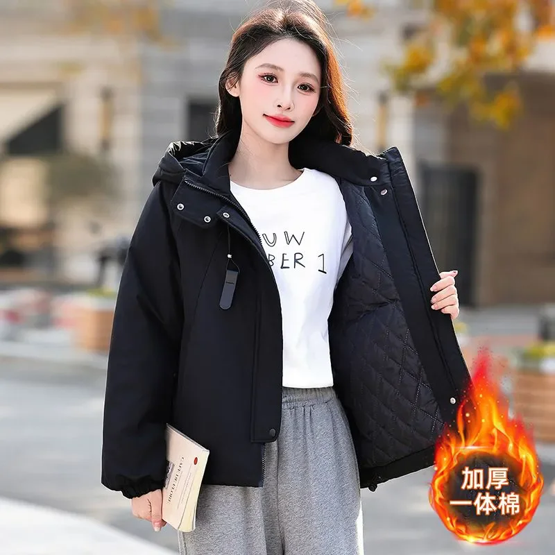 Winter Hooded Jacket Women Quilted Lining Cotton Padded Coat Windproof Loose Short Parka Warm Outdoor Casual Zipper Outerwear