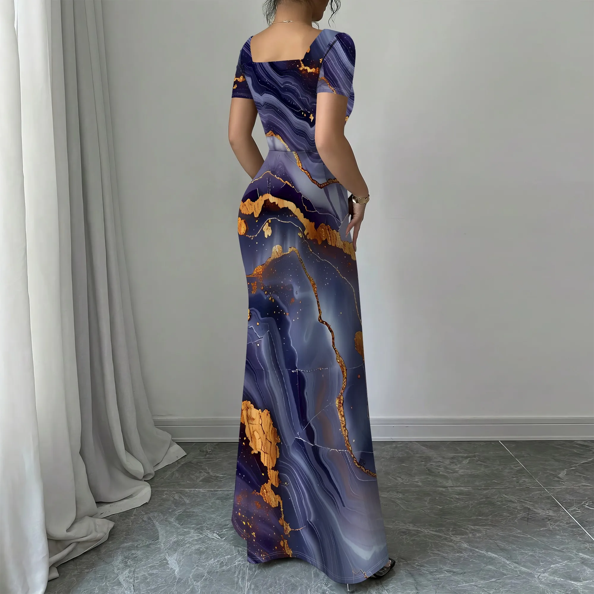 EQQZD ชุดเดรสหางนางเงือกคอเหลี่ยมแขนสั้น, ชุดเดรสแม็กซี่เดรสเข้ารูปพิมพ์ลายหินอ่อนสไตล์โมเดิร์นสําหรับผู้หญิง