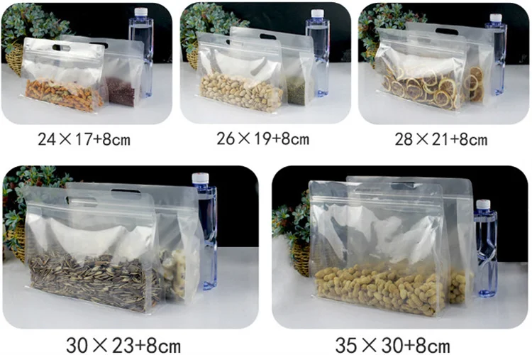 50PCS 3D Portable Clear/Frosted Plastic Handle Bags Resealable Snack Coffee Tea Dried Fruits Dates Nuts Gifts Packaging Pouches