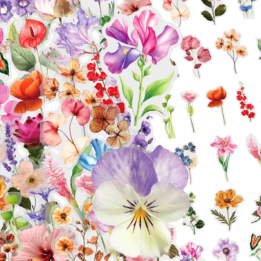 

10/30/50pcs Colorful Flowers Plants PET Stickers Vintage Aesthetic Sticker DIY Suitcase Phone Notebook Transparent Decals Decor